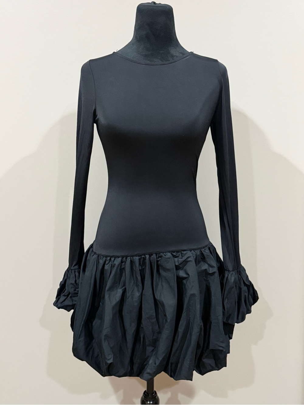 Fashion Nova Long Sleeve Bubble Hem Drop Waist Mini Dress Black